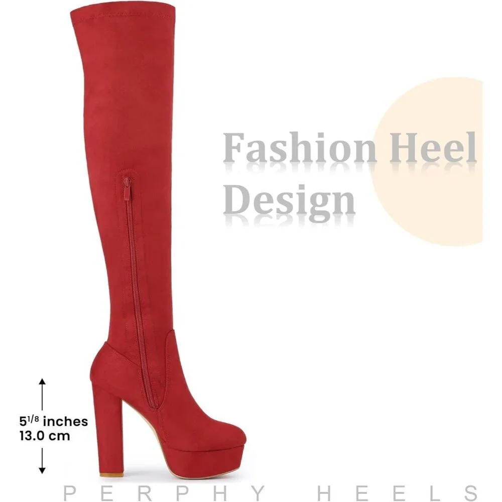 Women Red Suede Chunky Heel Rounded Toe Over the Knee Thigh High Long Boots